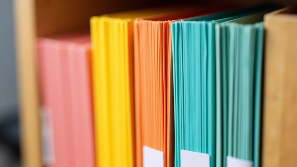 Dossiers de couleur classés sur une étagère avec étiquettes organisées et bien rangées