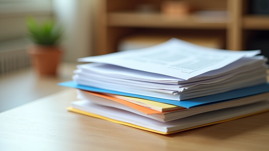 Contrat de location et quittances de loyer empilées avec dossier administratif coloré