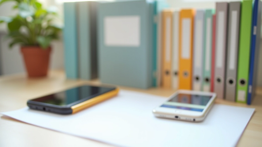 Bureau organisé avec dossiers classés, documents numériques et smartphone affichant une application de scan