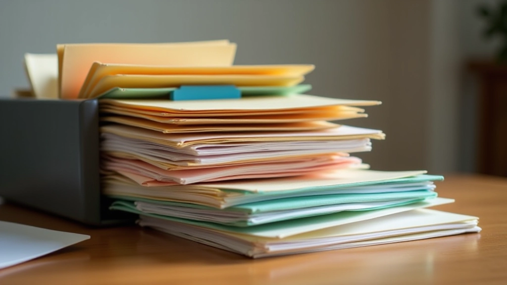 Documents administratifs français organisés avec classeurs et étiquettes de couleur pour faciliter le classement