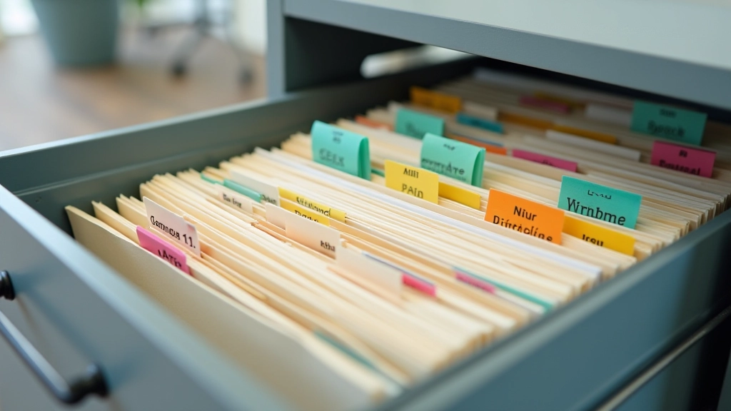 Organisé classeur avec onglets colorés et documents archivés de manière ordonnée