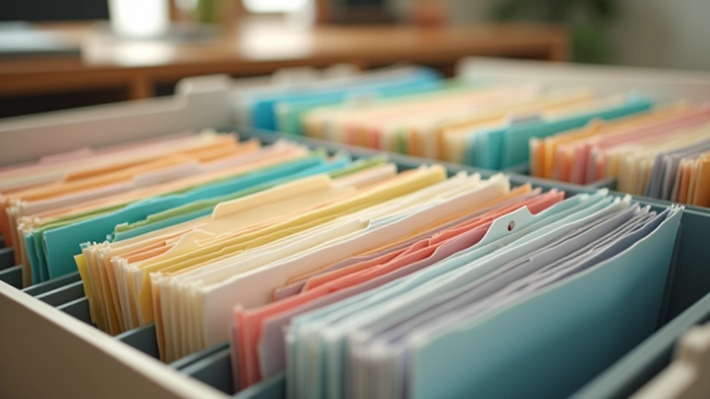 Classeur avec intercalaires colorés et étiquettes manuscrites pour organiser les différentes catégories de documents administratifs