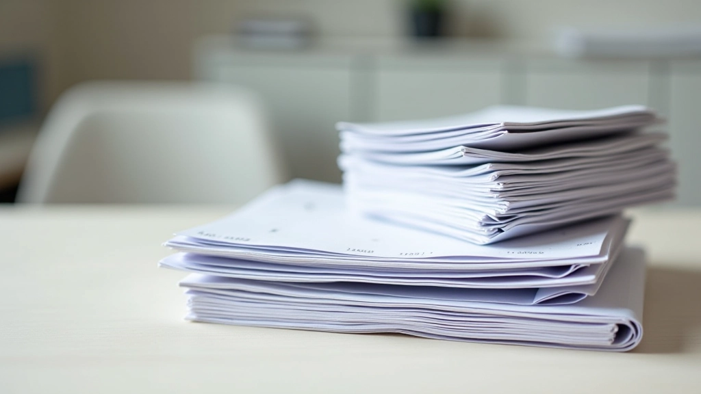 Pile ordonnée de fiches de paie et documents bancaires avec dates visibles et étiquettes de classement