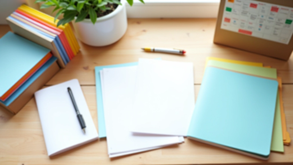 Vue de dessus d'un bureau avec dossiers organisés, stylo et calendrier