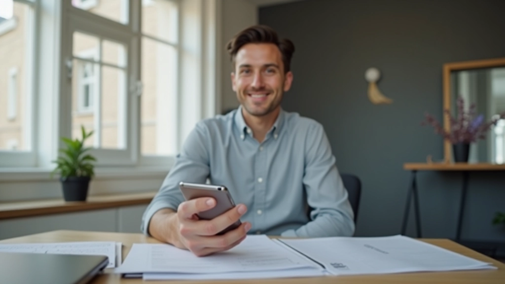 Personne en train de scanner un document avec une application smartphone, bureau lumineux avec organiseur de documents