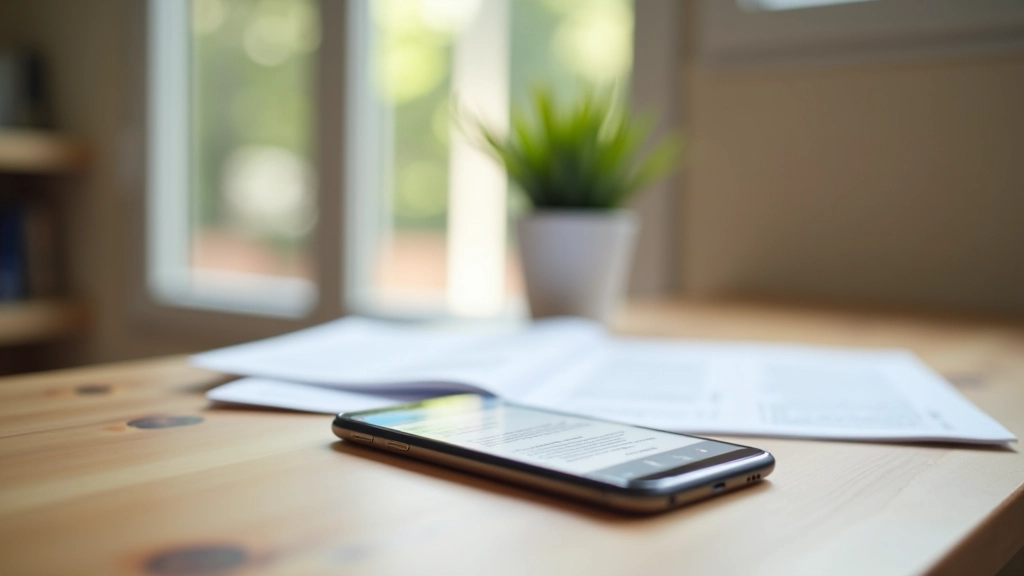 Smartphone avec application de numérisation ouverte, document scanné sur une table de travail