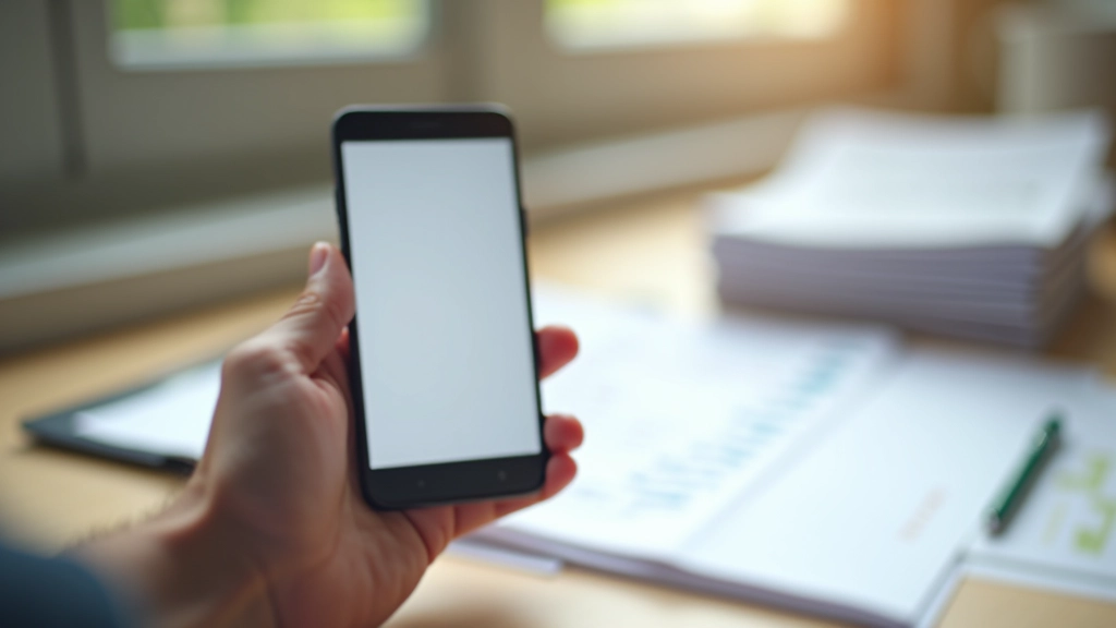 Main tenant un smartphone avec interface de numérisation visible, documents papier sur table