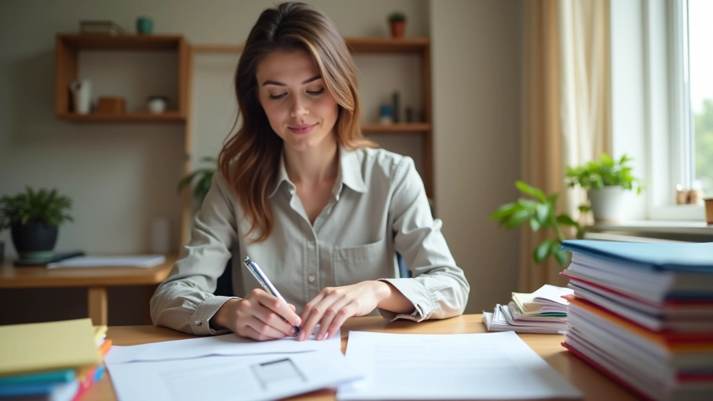 Personne triant des documents administratifs à son bureau avec des dossiers de couleur pastel